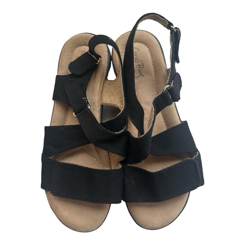 Coral‎ Bay Black Wedge Sandals Adjustable Straps Casual Comfort Size 8
